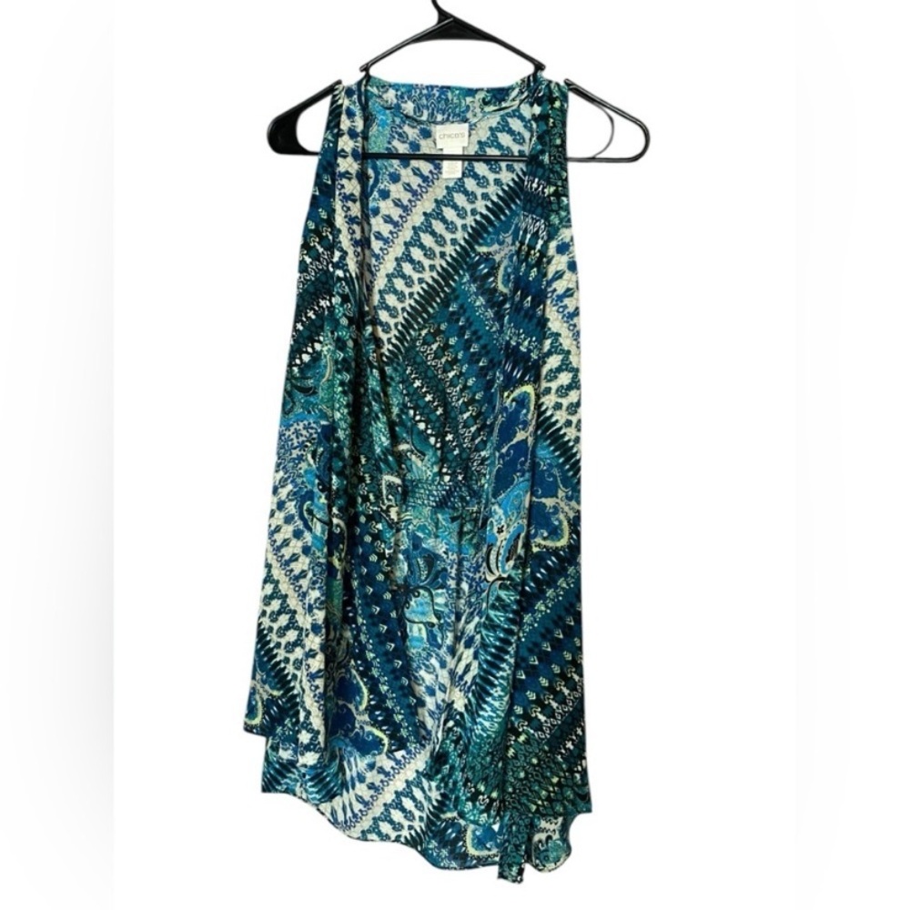 Chico’s Size 2/Large Sleevless Cardigan Duster Blue Paisley